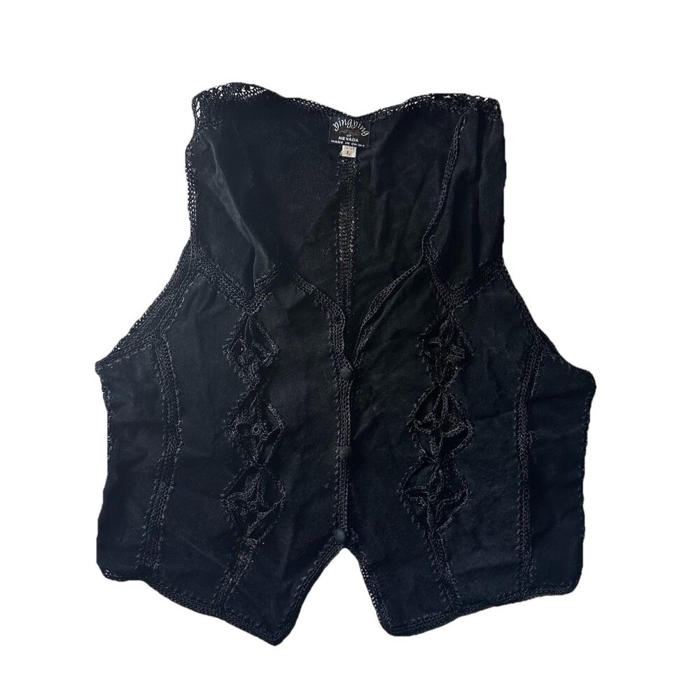 Vtg Suede Leather Vest Black Crochet